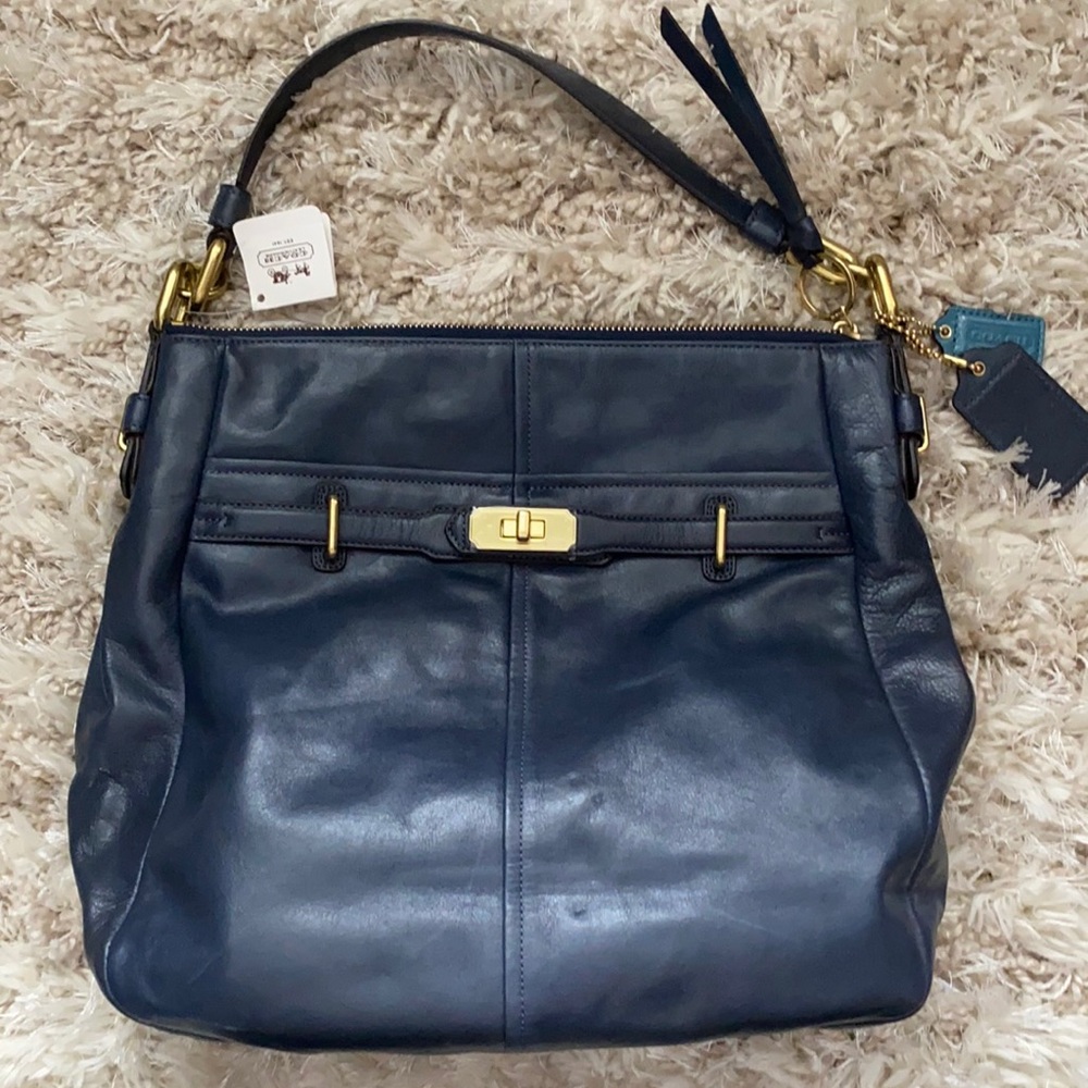Coach Navy Leather Shoulder Bag with Gold Hardware